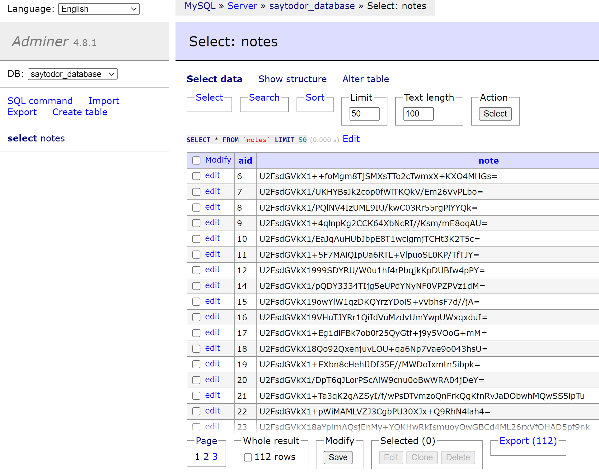 adminer screenshot